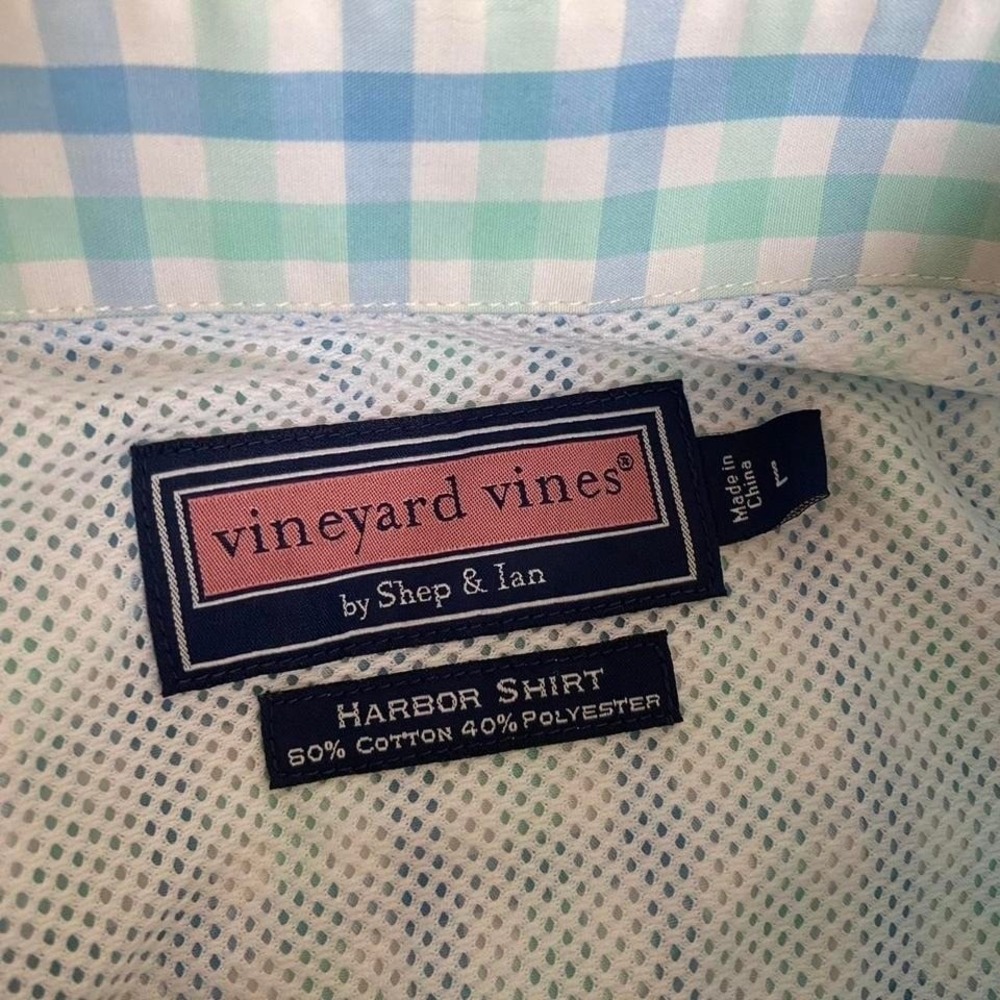 Vineyard Vines Harbor Shirt Blue Green Gingham Check Button Down Men's Size L - Picture 2 of 8